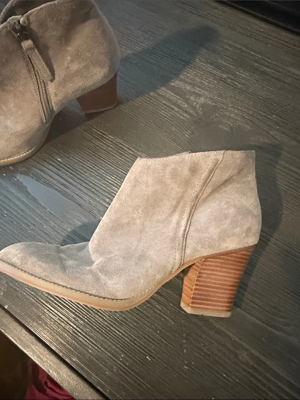 Susina Taupe Suede Ankle Booties with Block Heel
